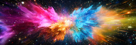 Multicolored cosmic explosion with rainbow shockwaves and glowing plasma tendrils dispersing outward. Generative AIの素材