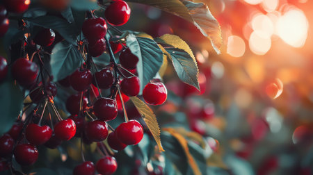 Shiny cherries on the vine, rich red color against green foliage. Generative AIの素材
