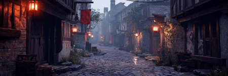 Mystical medieval town with cobblestone streets and magical glowing lanterns. Generativeの素材