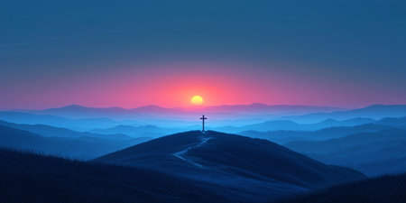 Peaceful landscape with a glowing cross on a hill at sunrise, symbolizing hope and faith. Generative AIの素材