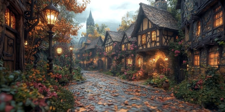 Mystical medieval town with cobblestone streets and magical glowing lanterns. Generativeの素材