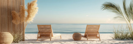 Natural summer setting: bamboo loungers, woven textures. Generative AIの素材