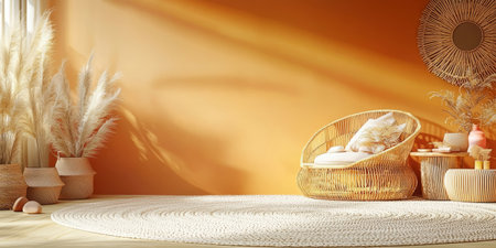 Soft summer with rattan furniture, sun hats. Generative AIの素材