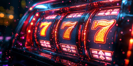 Stylized abstract slot machine with rainbow lights and golden 777 icons, futuristic casino banner. Generativeの素材