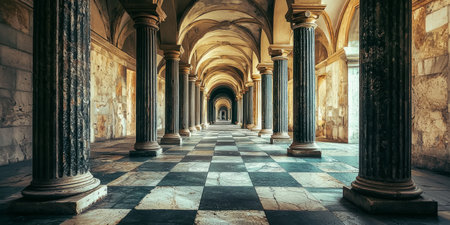 Romanesque corridor with heavy stone columns and dark green marble details. Generative AIの素材