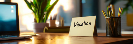 Minimalist office desk with a handwritten note reading Vacation placed next to a laptop, blurred office supplies in the background. Generative AIの素材