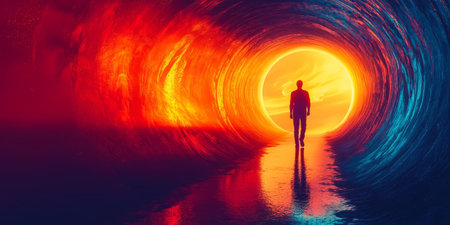 Silhouette of a person walking out of a dark tunnel into bright light, representing overcoming depression. Generativeの素材