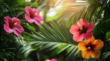 Tropical foliage background with overlapping palm fronds and colorful hibiscus flowers. Generative AIの素材
