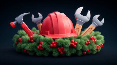 construction tools like hammer, wrench, and helmet arranged into a festive wreath. Generative AIの素材
