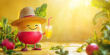 Radish, in a straw hat and flip-flops, on a bright, cheerful yellow background, summer concept. Generative AIの素材