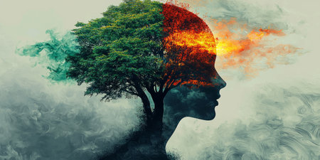 tree growing inside a human head, symbolizing mental growth and emotional resilience. Generativeの素材