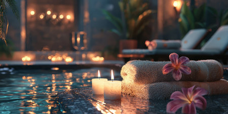 tranquil spa setting with candles and soft towels. Generative AIの素材
