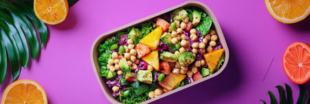 Vibrant vegan lunchbox with chickpea salad, fresh greens, and tropical fruits,on a purple backdrop. Generative AIの素材