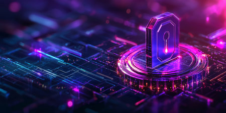 technology featuring network security grids and holographic warning icons, cyber defense theme. Generativeの素材