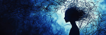 Person trapped inside their mind, tangled lines symbolizing overthinking and anxiety. Generativeの素材