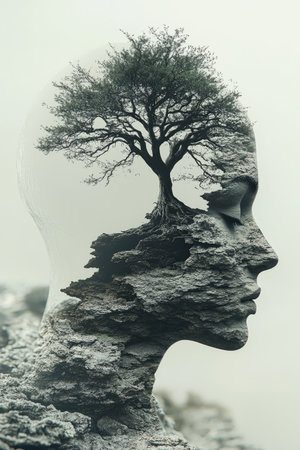 tree growing inside a human head, symbolizing mental growth and emotional resilience. Generativeの素材