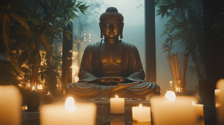 Serene Buddha statue sitting in a lotus position, surrounded by candles and incense, calming Zen vibe. Generative AIの素材