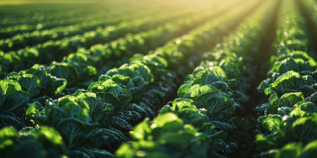 Lush Cabbage Field in Sunlit Farm Landscape. Generative AIの素材