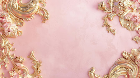 Soft blush pink background with subtle gold baroque accents. Generative AIの素材