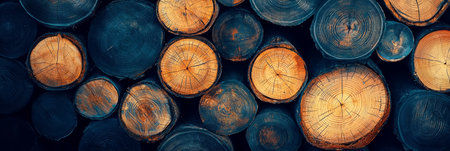 Wood logs stacked for winter storage, with visible knots and tree rings. Generative AIの素材