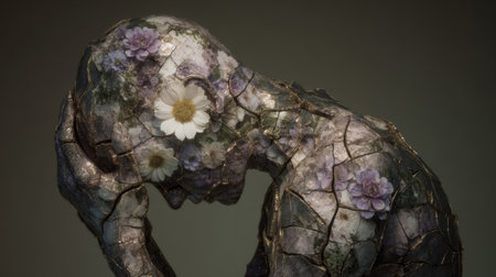 abstract grief visualization, fragmented sculpture of a human with flowers growing through the cracks, symbolizing healing through pain. Generative AIの素材