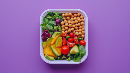 Vibrant vegan lunchbox with chickpea salad, fresh greens, and tropical fruits,on a purple backdrop. Generative AIの素材