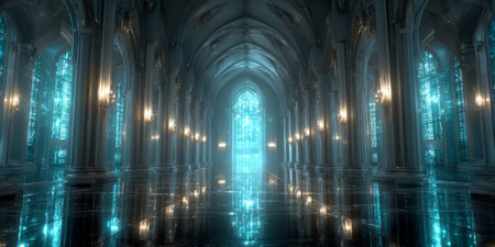 high-tech tunnel with glowing neon arcs and reflective floor. Generative AIの素材