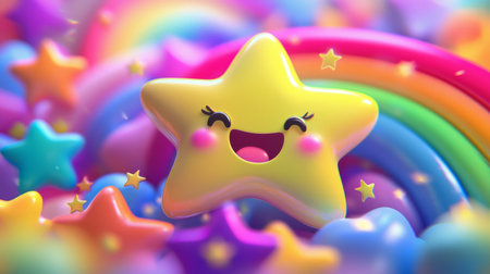 Whimsical cartoon rainbow and smiling stars, colorful background. Generative AIの素材
