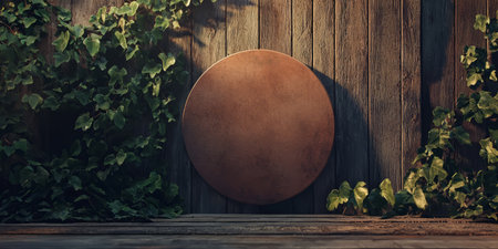 A circular mockup signboard on a rustic wooden wall, with ivy climbing around the edges, creating a natural.Generative AIの素材
