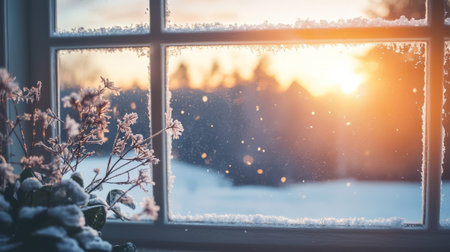 a frosted window with a minimum of snowflakes or condensation, a winter New Year's atmosphere. Generative AIの素材