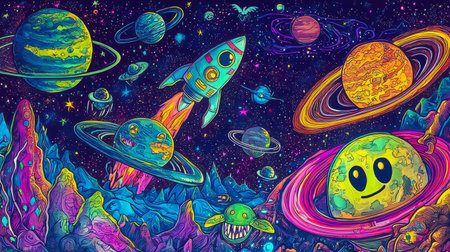 Space pattern with rockets with smiling faces, planets with rings made of colorful backgrounds. Generative AIの素材