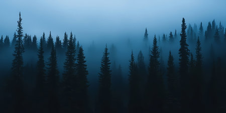 A moody with a low-hanging fog creeping between tall pine trees, creating a mysterious ambiance.Generative AIの素材