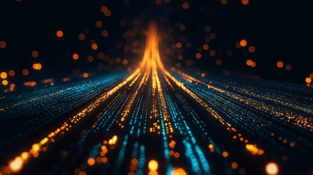 A vertical digital pipeline descending straight down, glowing against the black background.Generative AIの素材