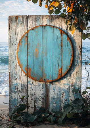 A weathered wooden wall with a round signboard by the seaside, waves in the background. Generative AIの素材