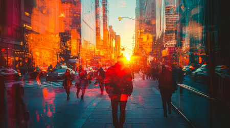 Urban double exposure featuring a busy city street, a calm sunset and vibrant colors. Generative AIの素材