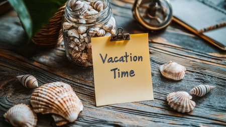 Office table with a sticky note reading Vacation Time and small seashells scattered around, creating a travel vibe. Generativeの素材