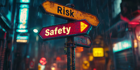 A crossroads with signs pointing towards Risk and Safety.Generative AIの素材
