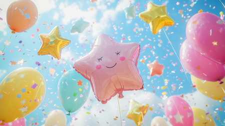 parade of balloons in the shape of stars and animals, smiling clouds. Generative AIの素材