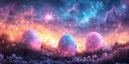 Glowing Magical Eggs in a Fantasy Landscape Under Starry Sky. Generativeの素材