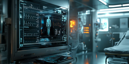 Smart home healthcare technology interface with holographic patient data display. Generative AIの素材