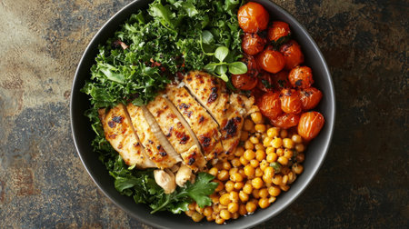 Healthy fitness meal with lean proteins, whole grains, and superfoods, top-down composition on a stylish minimalist paper background. Generative AIの素材