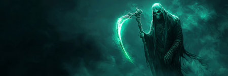 Dark fantasy Grim Reaper with glowing green aura and intricate scythe design. Generative AIの素材