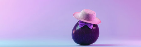 Elegant eggplant in bow tie, tiny sun hat, summer concept. Generative AIの素材