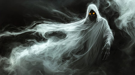 Dark fantasy ghost with glowing eyes, white shroud trailing into swirling black mist. Generative AIの素材