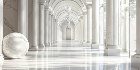 Minimalist modern corridor with pure white marble, smooth columns, and glass accents. Generative AIの素材