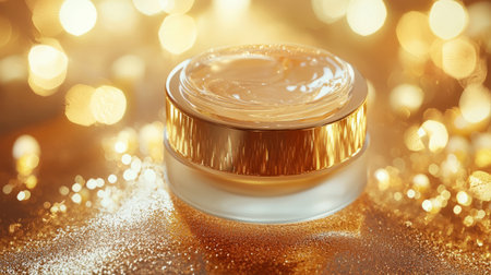 Golden moisturizing essence gel with soft fluid textures and shimmering light on a luxurious background. Generative AIの素材