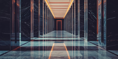 Modern corridor with sleek black marble, minimalist columns. Generative AIの素材