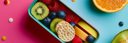 Kid-friendly bento box with colorful fruit slices, whole grain crackers, and cheese cubes, placed on a bright playful background. Generative AIの素材