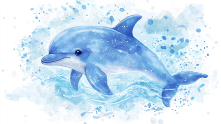 Whimsical baby dolphin in soft blue pastel, surrounded by sparkles and gentle ocean ripples. Generative AIの素材