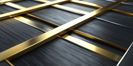 Sleek geometric lines in gold and silver intersecting on a dark futuristic backdrop. Generative AIの素材